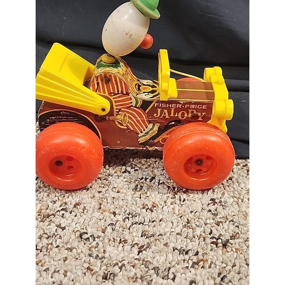 Vintage 1965 Fisher Price Jolly Jalopy Clown Drive Wooden Pull Toy #724